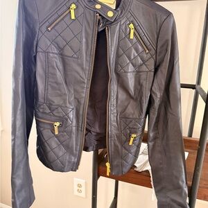 Michael Kors Quilted Black Leather Jacket with Gold Zippers